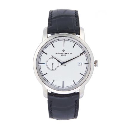 Relojes para novios: Piezas Pre-Owned con historia para empezar la vuestra Reloj Vacheron Constantin Patrimony con esfera blanca, caja de acero, pequeño segundero y correa de piel negra.