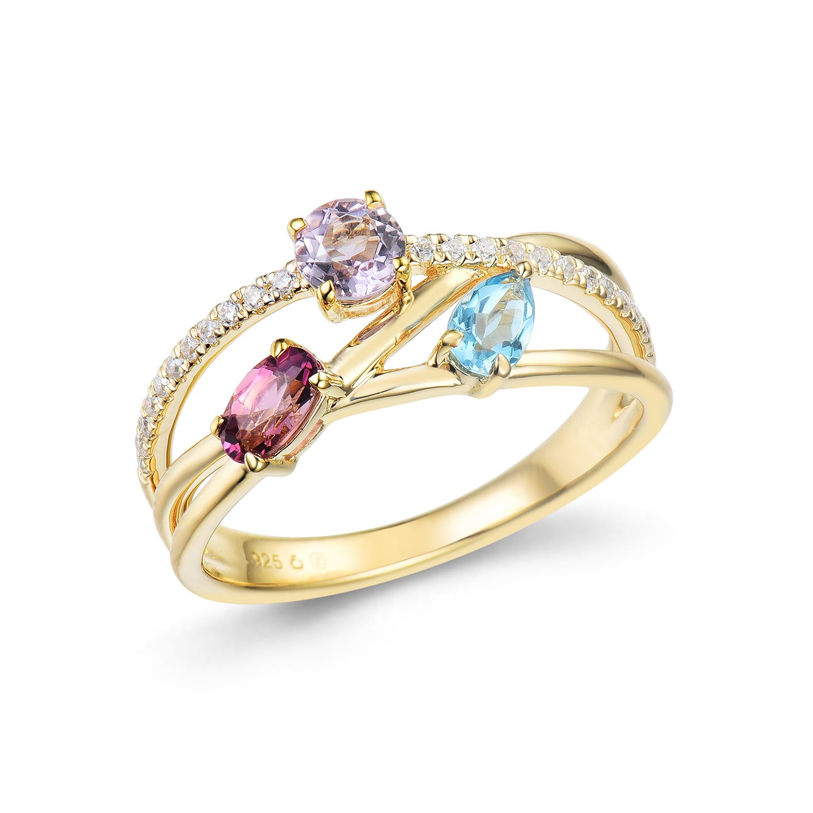 Sortija Cristina Wish en oro amarillo con brillantes, turmalina, topacio azul y amatista Sortija Cristina Wish en oro amarillo con brillantes, turmalina, topacio azul y amatista
