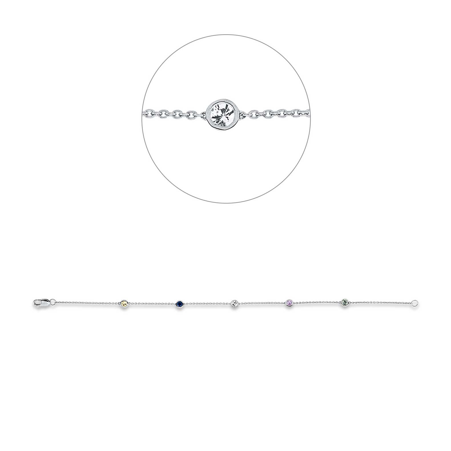 Pulsera en oro blanco con zafiros, esmeraldas y rubíes